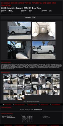 03 Chevy G3500 Cargo Van 6L Powerful and Like New Financing Insane