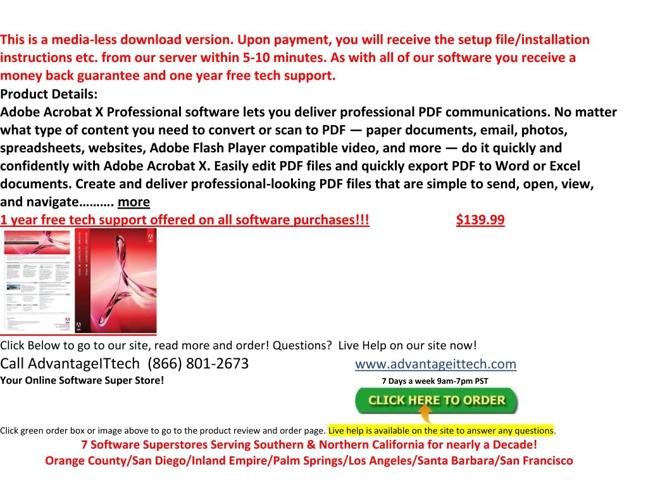 $139.99, Adobe Acrobat X Professional 1-10 User Available Download (Win or Mac)