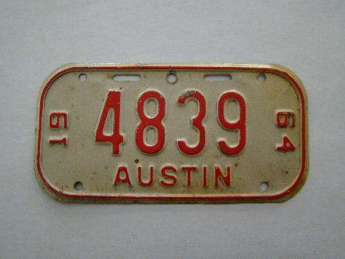 1964 Austin Texas bicycle license plate