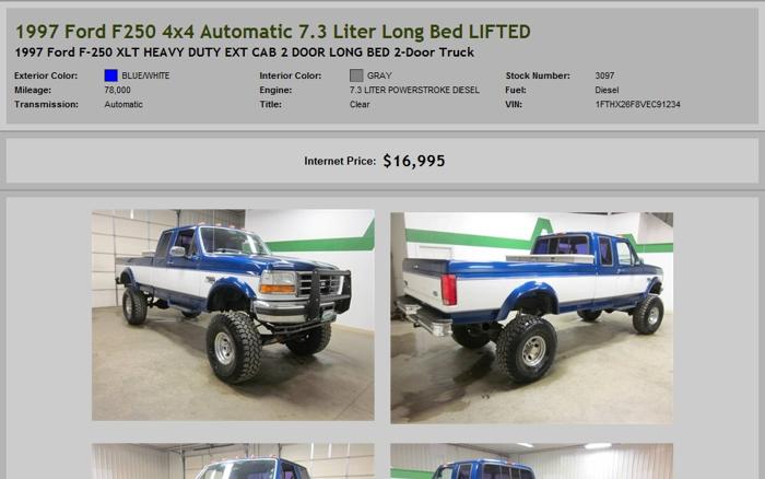 1997 Ford F250 4X4 Automatic 7.3 Liter Long Bed Lifted