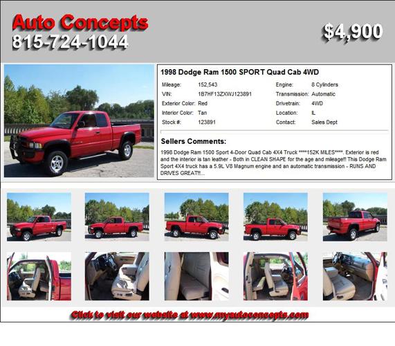 1998 Dodge Ram 1500 SPORT Quad Cab 4WD - Hurry In Today