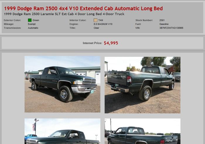 1999 Dodge Ram 2500 4X4 V10 Extended Cab Automatic Long Bed