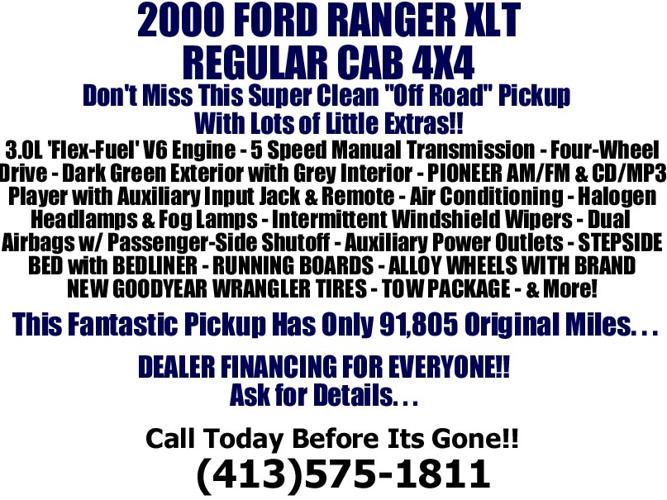 ??2000 Ford Ranger XLT 4X4 - A/C, CD, Bedliner, Running Boards **Only 91K!!**
