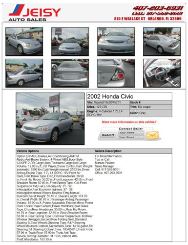 2002 Honda Civic Ex* E-Z Financing ***