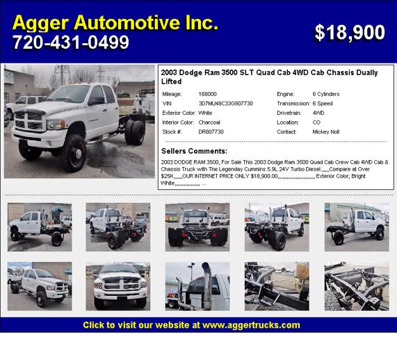 2003 Dodge Ram 3500 SLT Quad Cab 4WD Cab Chassis Dually Lifted 4x4 HP Chip