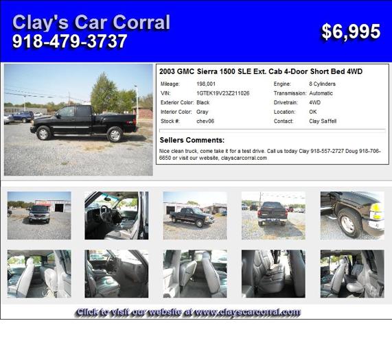 2003 GMC Sierra 1500 SLE Ext. Cab 4-Door Short Bed 4WD - Priced to Move