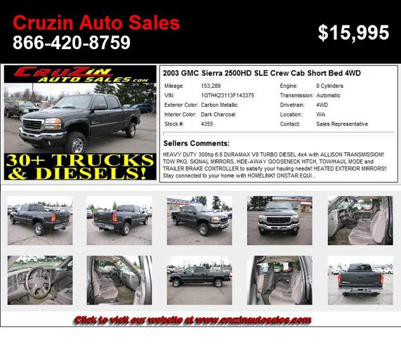 2003 GMC Sierra 2500HD SLE Crew Cab Short Bed 4WD - Priced to Sell