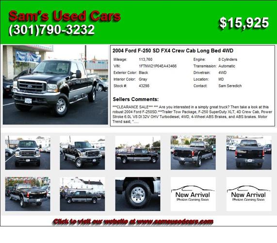 2004 Ford F-250 SD FX4 Crew Cab Long Bed 4WD - Used Car Sales 21740