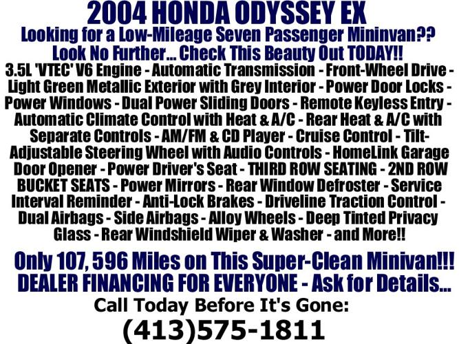 ??2004 Honda Odyssey EX - All Power, A/C, CD, Rear A/C, Cruise, Alloys, 7 PASSENGER **ONLY 107K!!**