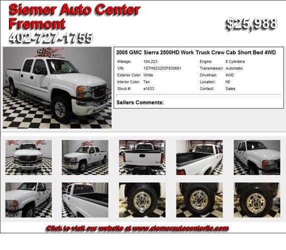 2005 GMC Sierra 2500HD Work Truck Crew Cab Short Bed 4WD - Cars For Sale
