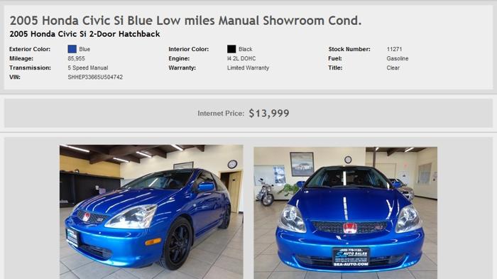 2005 Honda Civic Si Blue Low Miles Manual Showroom Cond.