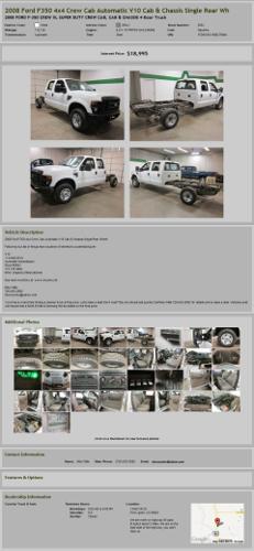 2008 Ford F350 4X4 Crew Cab Automatic V10 Cab & Chassis Single Rear Wh