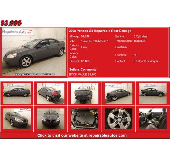 2008 Pontiac G6 Repairable Rear Damage - Used car Sales ND