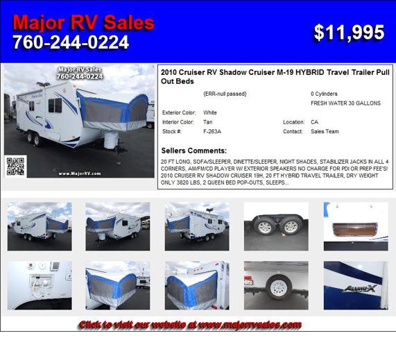 2010 Cruiser RV Shadow Cruiser M-19 HYBRID Travel Trailer Pull Out Beds - New Rv's to Fit Your Budge