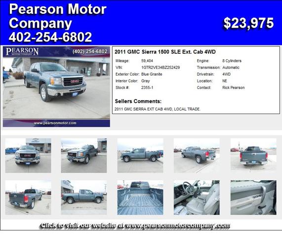 2011 GMC Sierra 1500 SLE Ext. Cab 4WD - Call For More Information