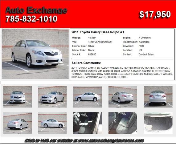 2011 Toyota Camry Base 6-Spd AT - New Home Needed