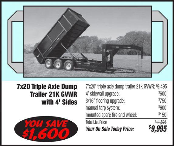 2012 On sale today! 7x20 triple axle dump trailer 21k gvwr with 4ft sides 7x20x4 Ostd