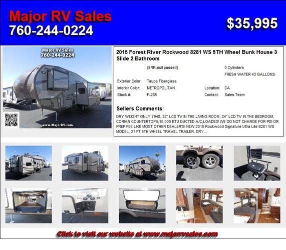 2015 Forest River Rockwood 8281 WS 5TH Wheel Bunk House 3 Slide 2 Bathroom - Great Deals on New and