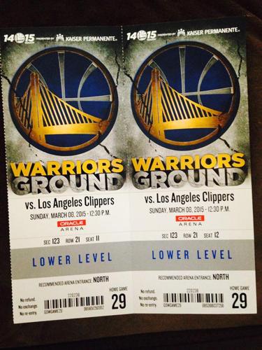 2X Lower Level Warriors VS. LA Clippers Sunday 3/08/2015 12:30pm @ Oracle Arena 125 each