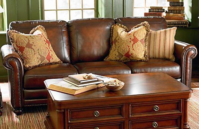 $868.50, ***Handy Living Jefferson Brown Leather Sofa with Paisley Pillows