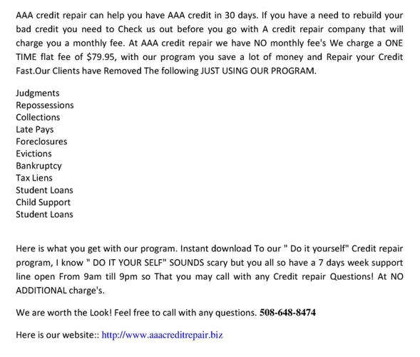 AAA CREDIT REPAIR, The name say's it all! Join for $79.95