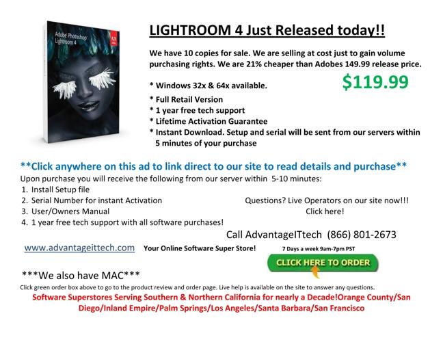Adobe Photoshop Lightroom 4 (Just released!) Mac/Win Instant Download!