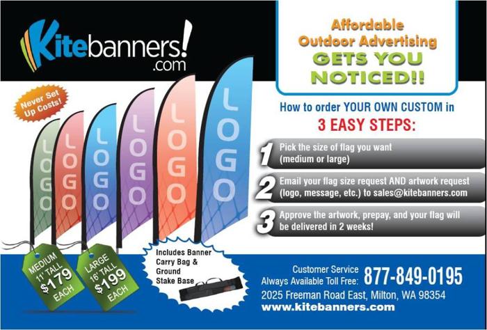 Advertising Flag YOUR LOGO -16' Tall w/ Pole, Base, Tote, Free Artwork! Only $179!!