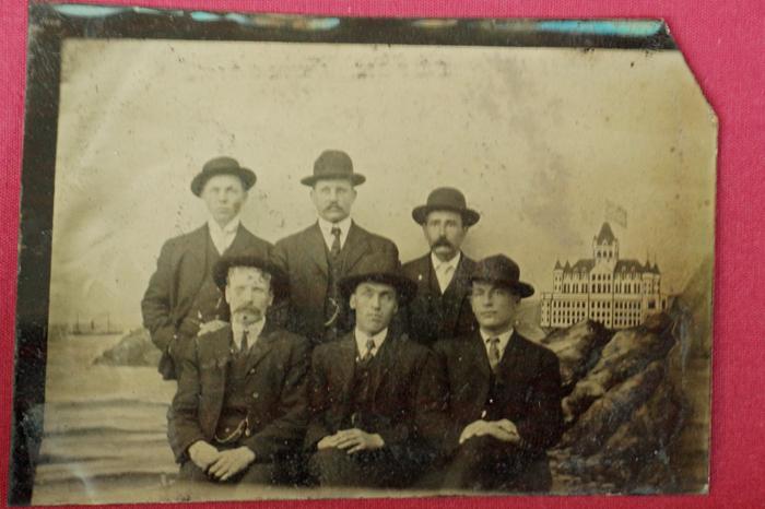 Antique Tin Type Photo of 6 men with Hotel in Background