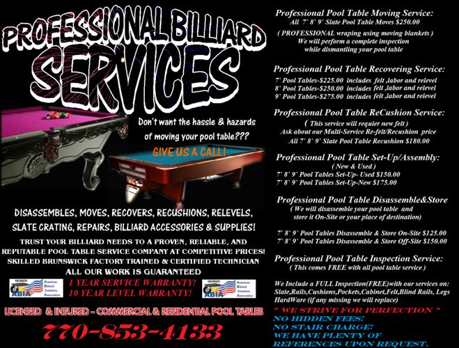 Atlanta Professional Pool Table Movers / Service Licensed, Insured, and #1 Referred
