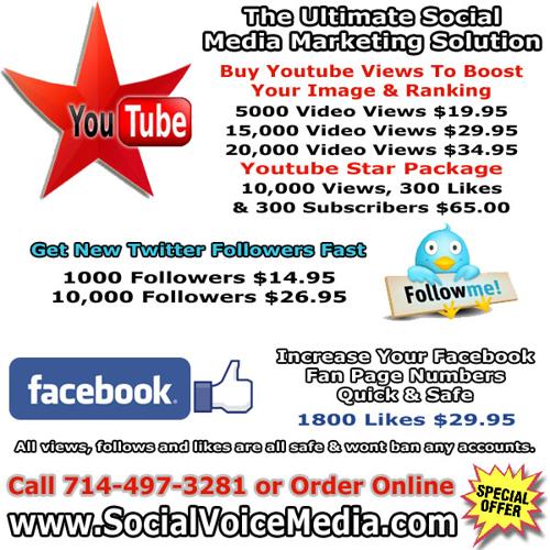 Buy 20,000 Youtube Views, Targeted Twitter Followers, Facebook Likes......