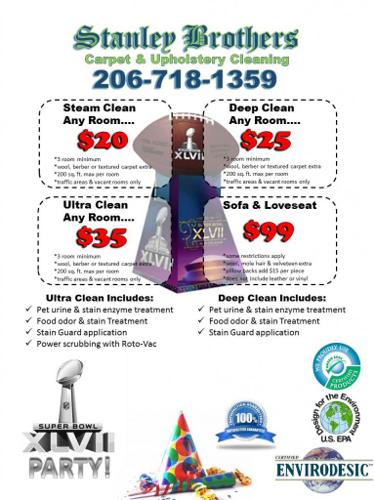 Carpet Cleaning Available Before Your Super Bowl Party! Only $20/Room!