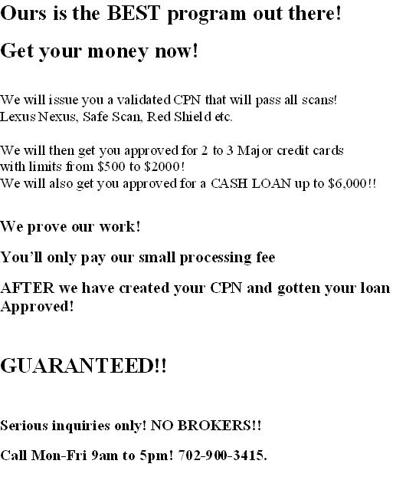 ? CPN - CC - $6K CASH Loan - You Are APPROVED!!!
