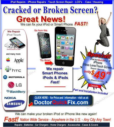 ** Cracked Cell Phone or iPod Screen? - Repair from $39.95 - AT&T, Verizon, HTC, T-mobile REPAIR * *