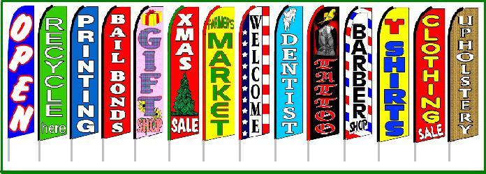 Custom and stock Flags, tax Service, BBQ, Pizza, EBT, Produce, Day Care, Furniture, Taco flag