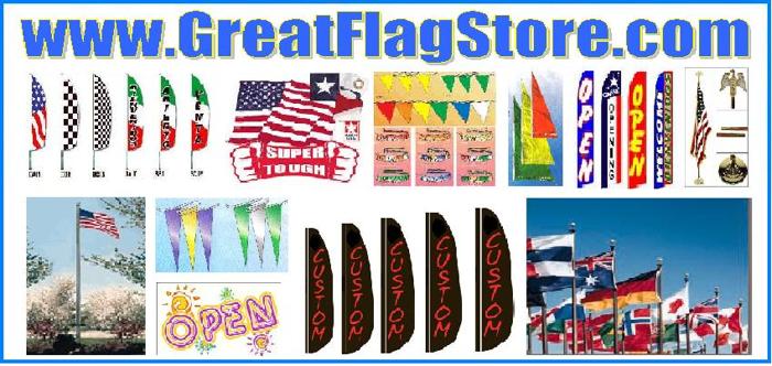 Custom flags, Swooper flag, OPEN flag, Patriotic flag, Barber flag, Auto dealer flags, pennants