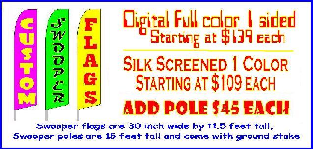 Custom Swooper Flags $139, Stock $39, Pizza, Tax Flags, Mattress, Day Care, Auto, Cellular Flags