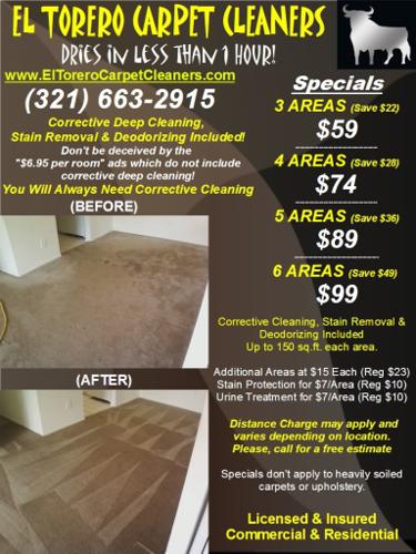 DRIES in LESS Than 1 HOUR Carpet Cleaning. 3Areas/$59, 4/$74, 5/$89