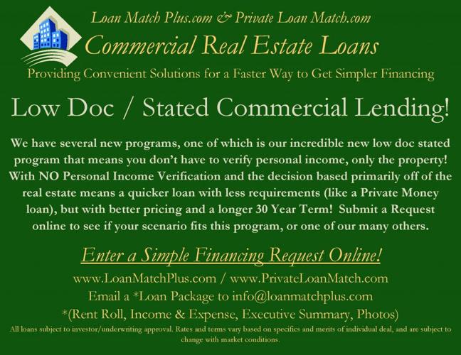 Fast, Stated Commercial Property Loans! Great 30 Year Pay Back Terms for Lower Payment!