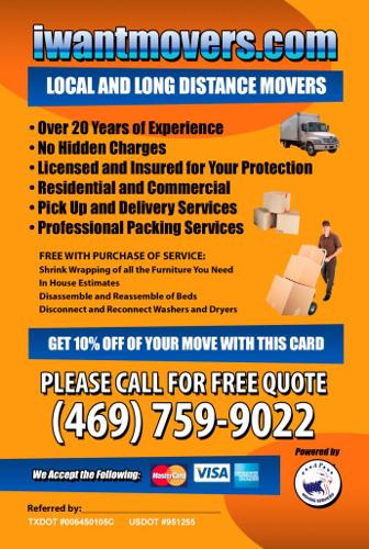 FREE move Quote from iwantMovers.com :: Dallas Movers :: 10% off coupon available