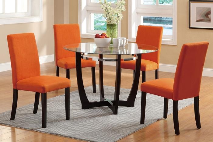 Gene Collection Round Glass Top Orange Micro-fiber 5 piece Dining Table Set Furniture