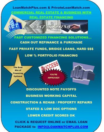 Get A Faster, Flexible Private Money, Hard Money / Bridge or Conventional Commercial Property Loan!