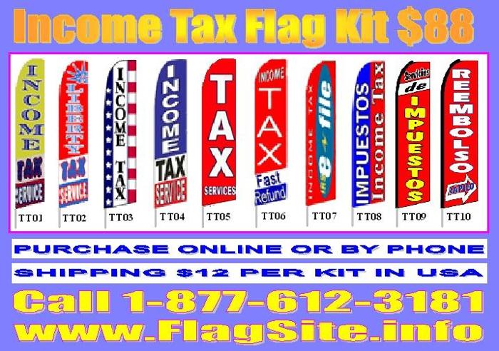 Income tax flag, day care flag, pizza flag, coffee flag, open flags, restaurant flags, donuts flags