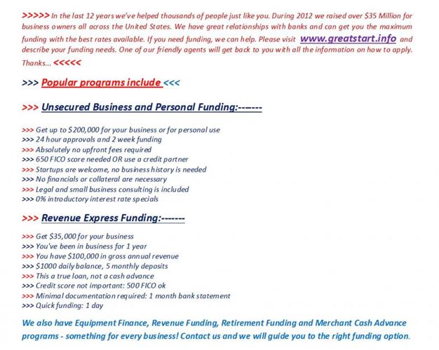 ~*~ Loans! We fund small businesses quickly. Let us help you get unsecured funding in 2 weeks**~