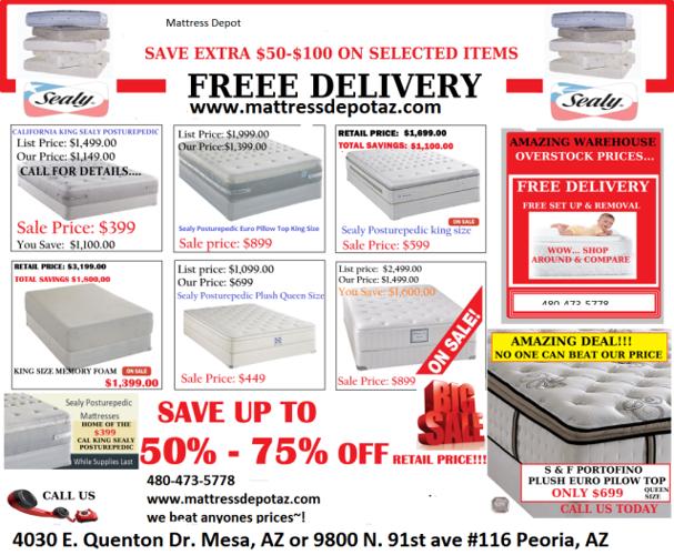 mattress sale cheap discount pillowtop seals 75% off retail mattress depot sealy az bed sale