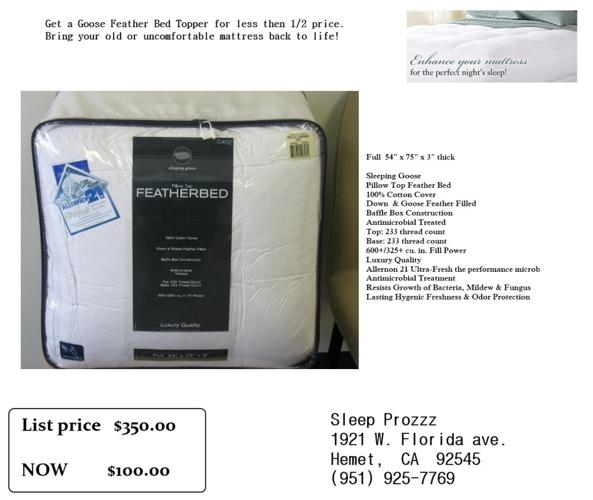 Mattress topper, Featherbed, full size only - $250.00 off list