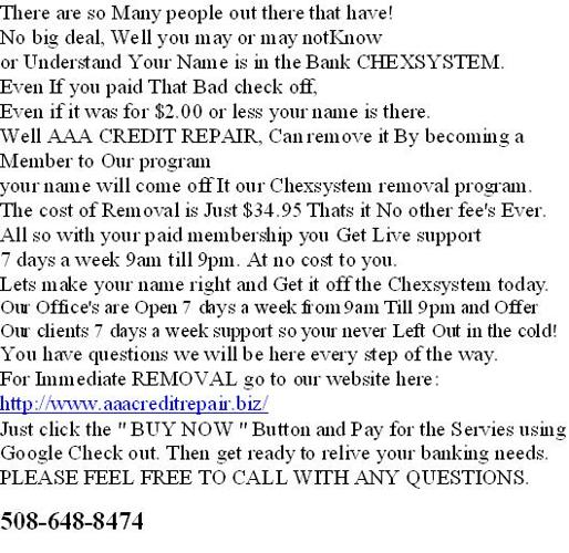 ?? Nameon the Chexsystem? Remove it today just $34.95