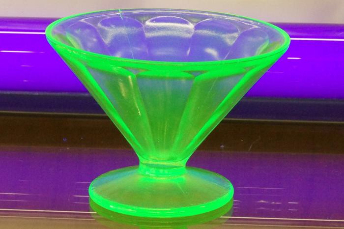 Optic Paneled Green Vaseline Depression Glass Compote or Sherbert Dish