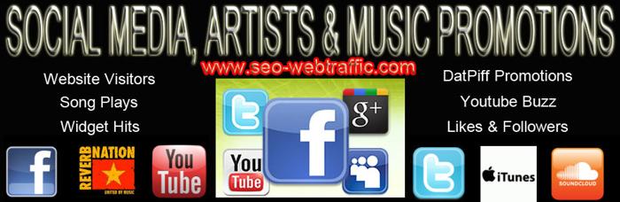 SEO website visitors, Youtube, Twitter, Facebook, Pinterest, Instagram, Reverbnation, Datpiff