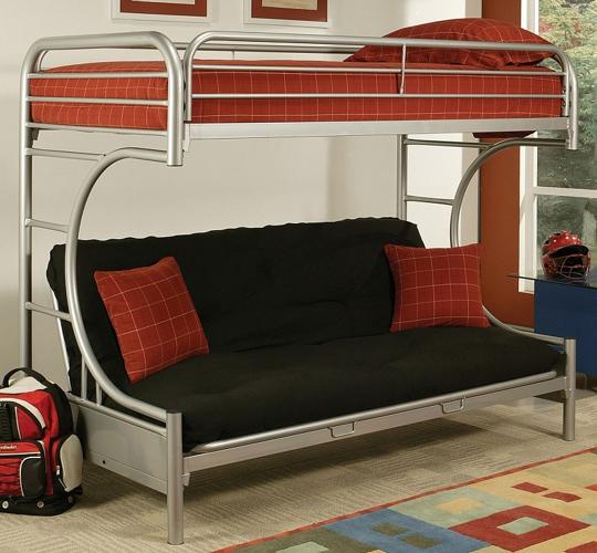 Silver Metal Twin Size Bunk Bed with Lower Futon Sleeper Living Room Furniture