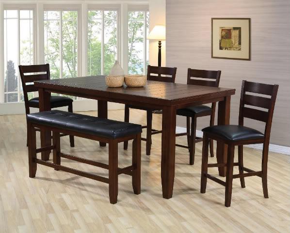 Walnut finish counter height dining table set. Heavier duty seats + 1 bench